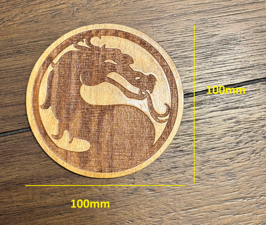 Stained basswood fridge magnet of Mortal Kombat logo