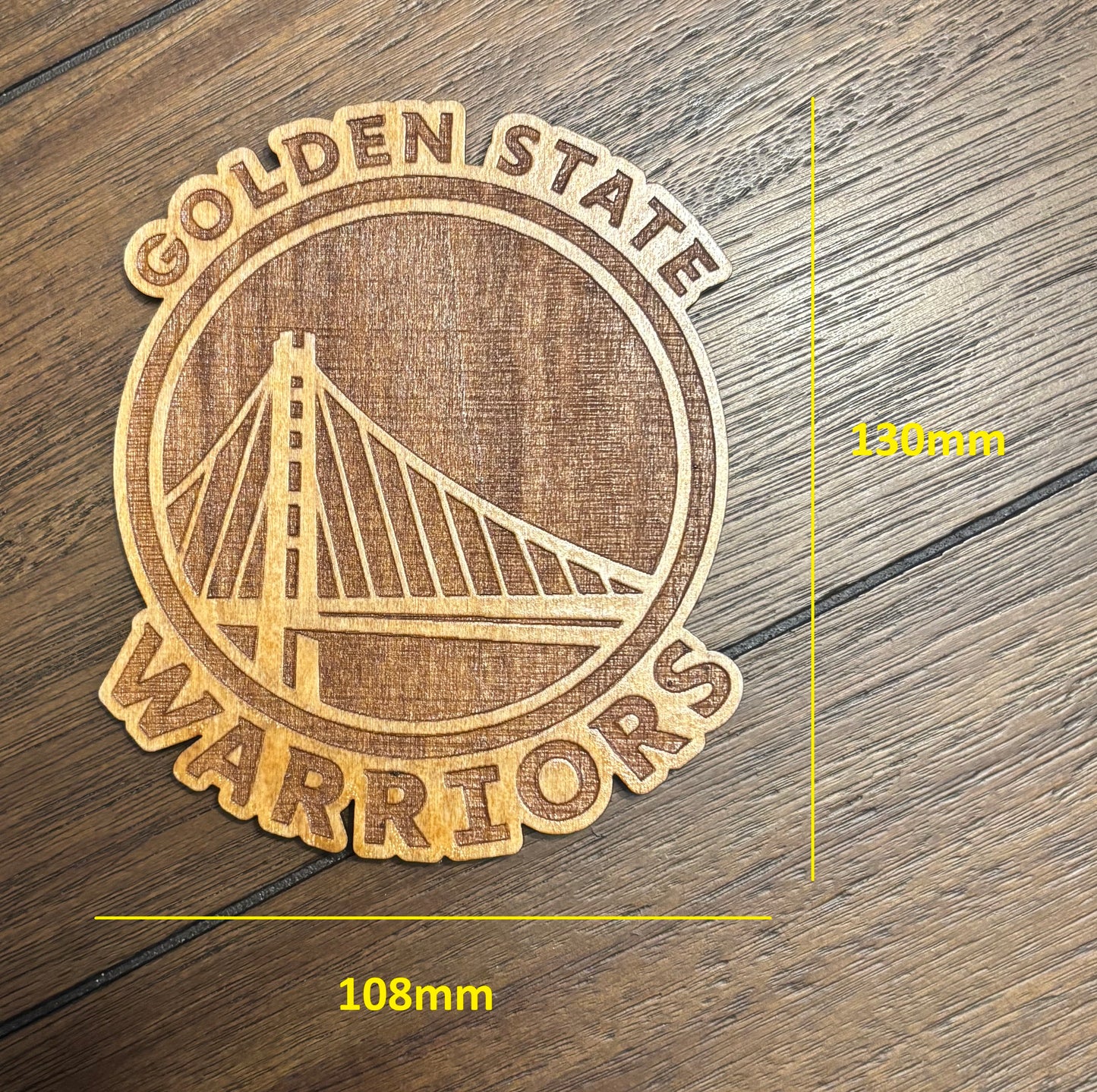 Stained basswood fridge magnet of the Golden State Warriors basketball team logo