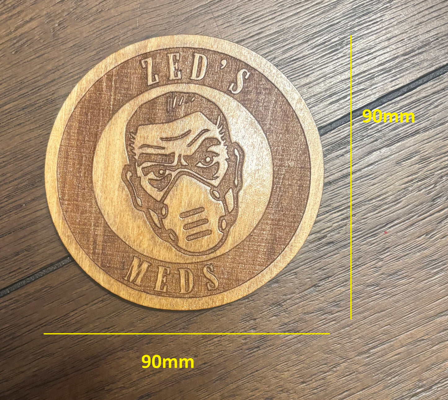 Stained basswood fridge magnet of Zed's Meds from the Borderlands video games