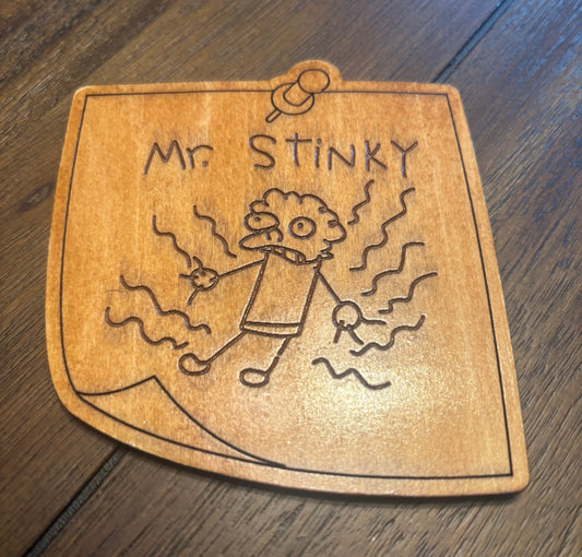 Stained basswood fridge magnet of the Mr Stinky drawing from the Simpsons