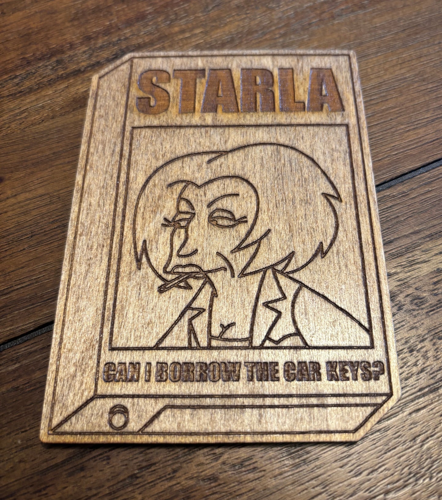 Stained basswood fridge magnet of Starla's demo tape from the Simpsons