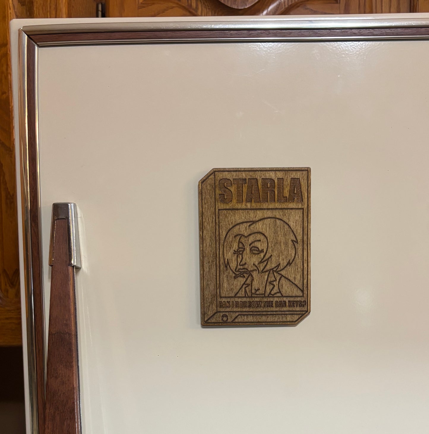 Stained basswood fridge magnet of Starla's demo tape from the Simpsons