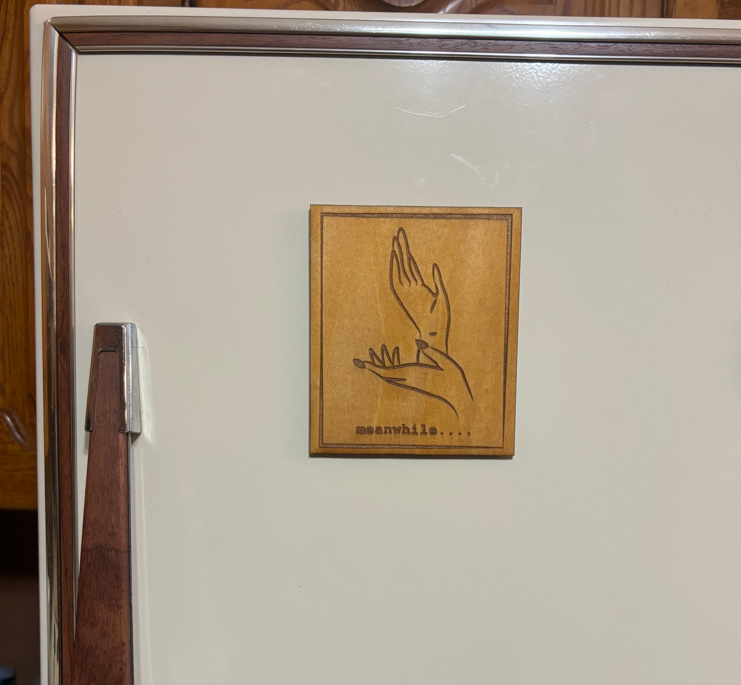 Stained basswood fridge magnet of the Meanwhile Hands from Twin Peaks