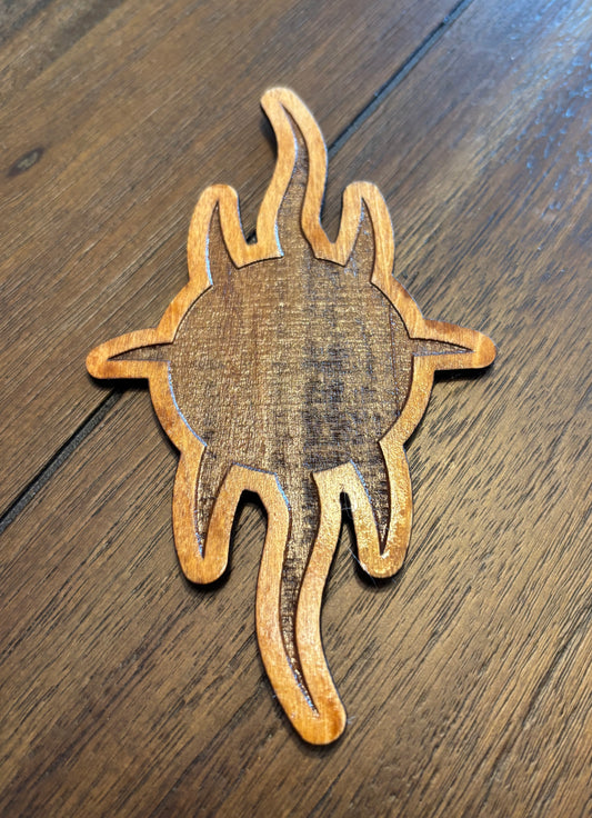 Stained basswood fridge magnet of the Church of Yivo logo from Futurama