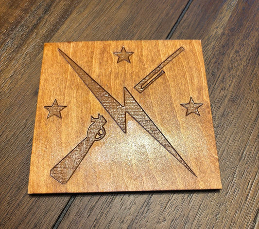 Stained basswood fridge magnet of the Minutemen logo from the Fallout video games