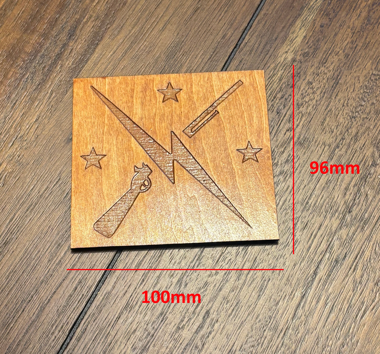 Stained basswood fridge magnet of the Minutemen logo from the Fallout video games