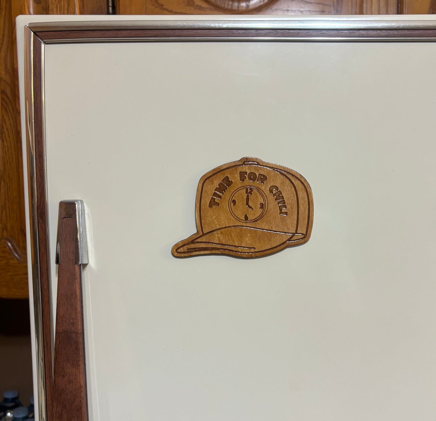 Stained basswood fridge magnet of Bart's time for chili hat from the Simpsons