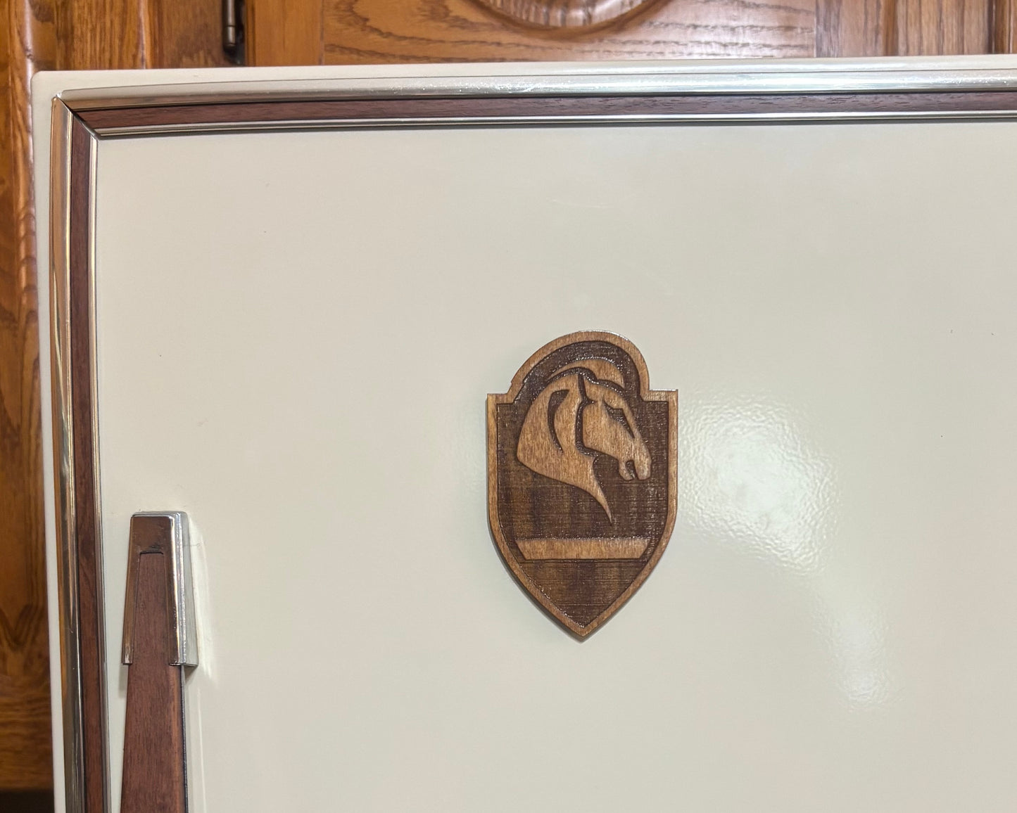 Stained basswood fridge magnet of the Whiterun icon from the Skyrim video game