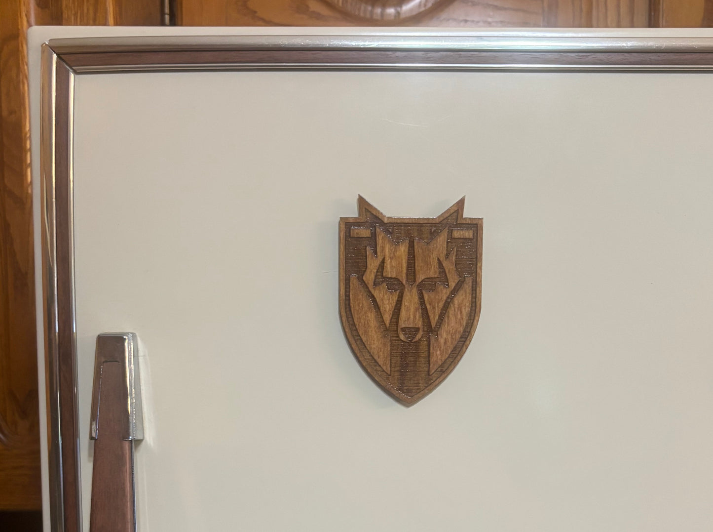 Stained basswood fridge magnet of the Solitude icon from the Skyrim video game