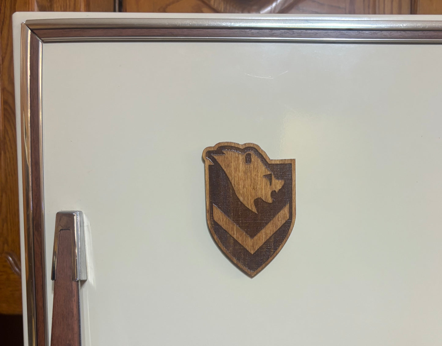 Stained basswood fridge magnet of the Windhelm icon from the Skyrim video game