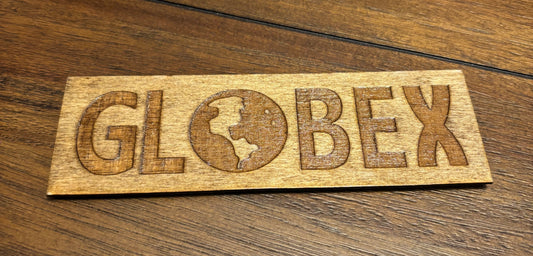 Stained basswood fridge magnet of the Globex Corporation logo from the Simpsons