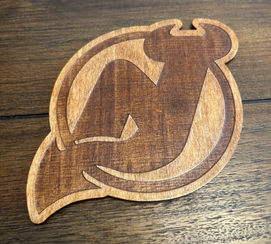 Stained basswood fridge magnet of the New Jersey Devils hockey team logo