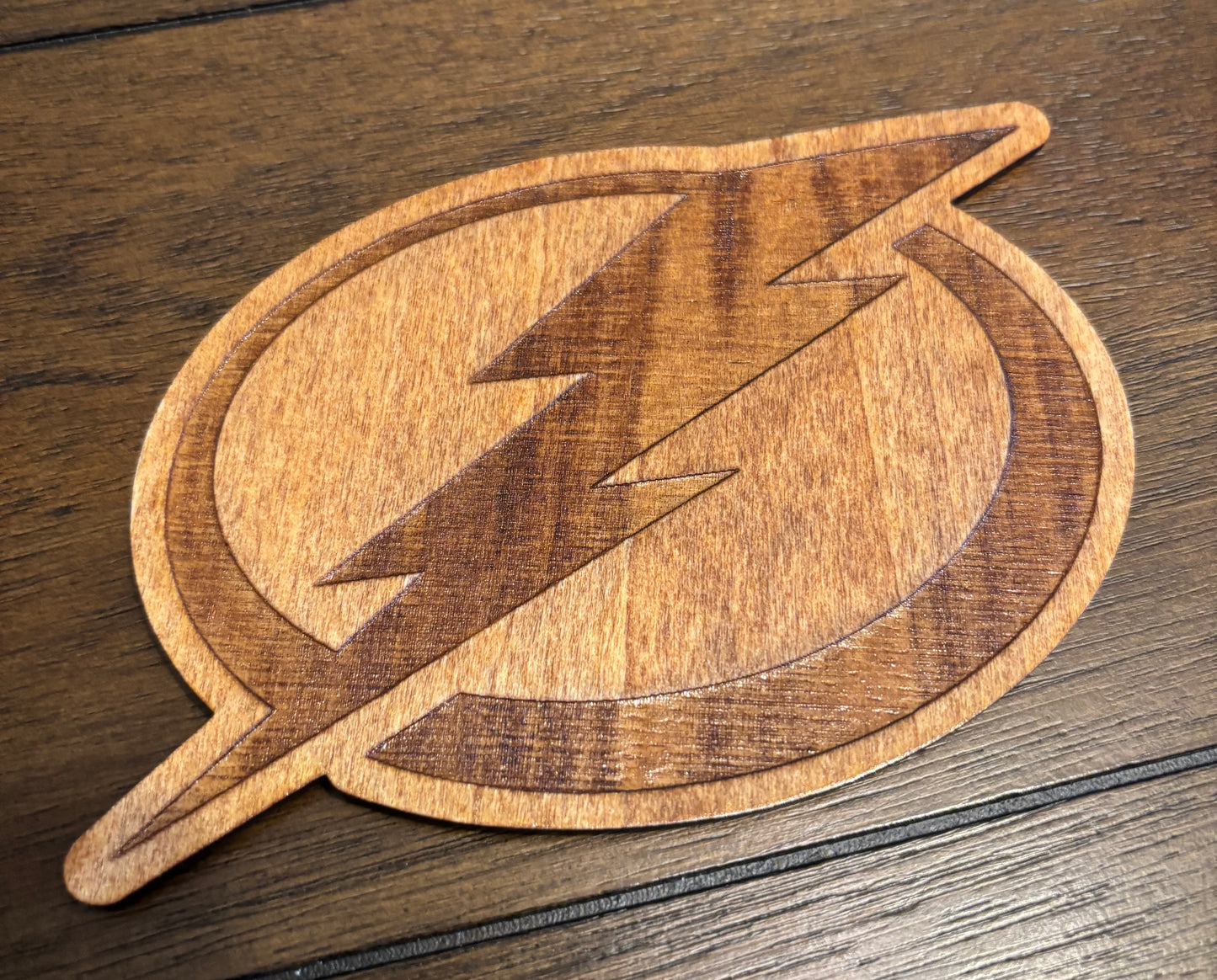 Stained basswood fridge magnet of the Tampa Bay Lightning hockey team logo