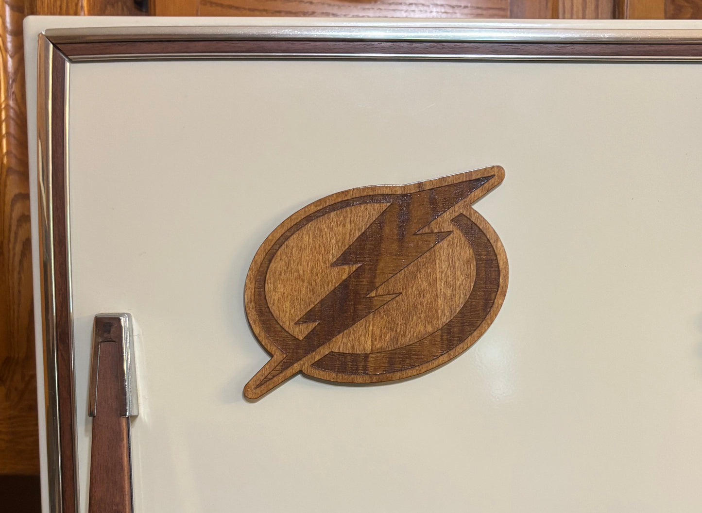 Stained basswood fridge magnet of the Tampa Bay Lightning hockey team logo