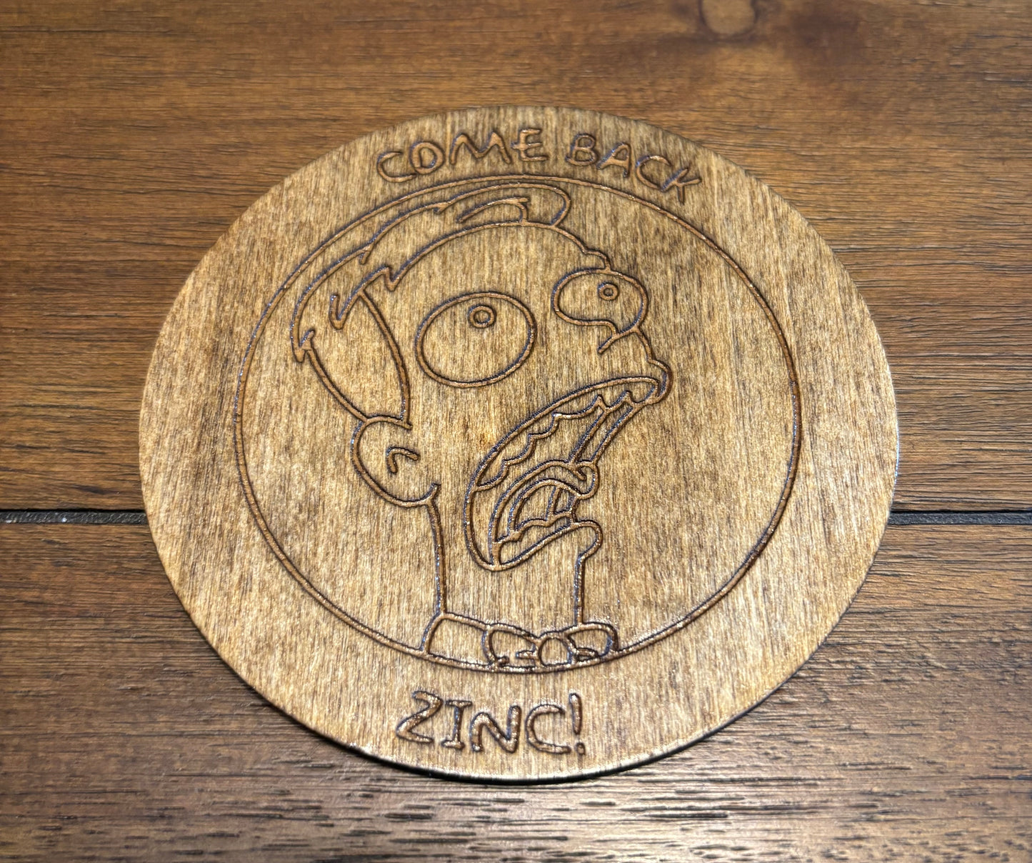 Stained basswood fridge magnet of the Come back zinc kid from the Simpsons