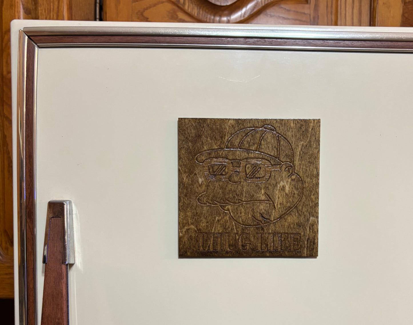 Stained basswood fridge magnet of Hans Moleman Thug Life from the Simpsons