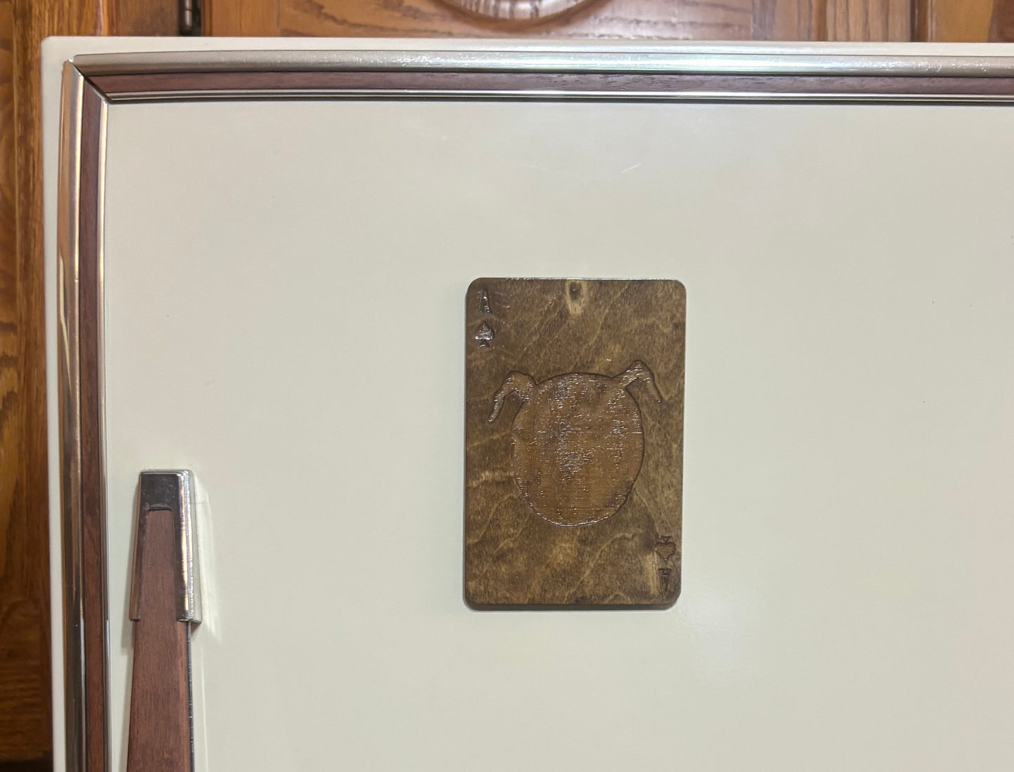 Stained basswood fridge magnet of the Ant ace card from Twin Peaks