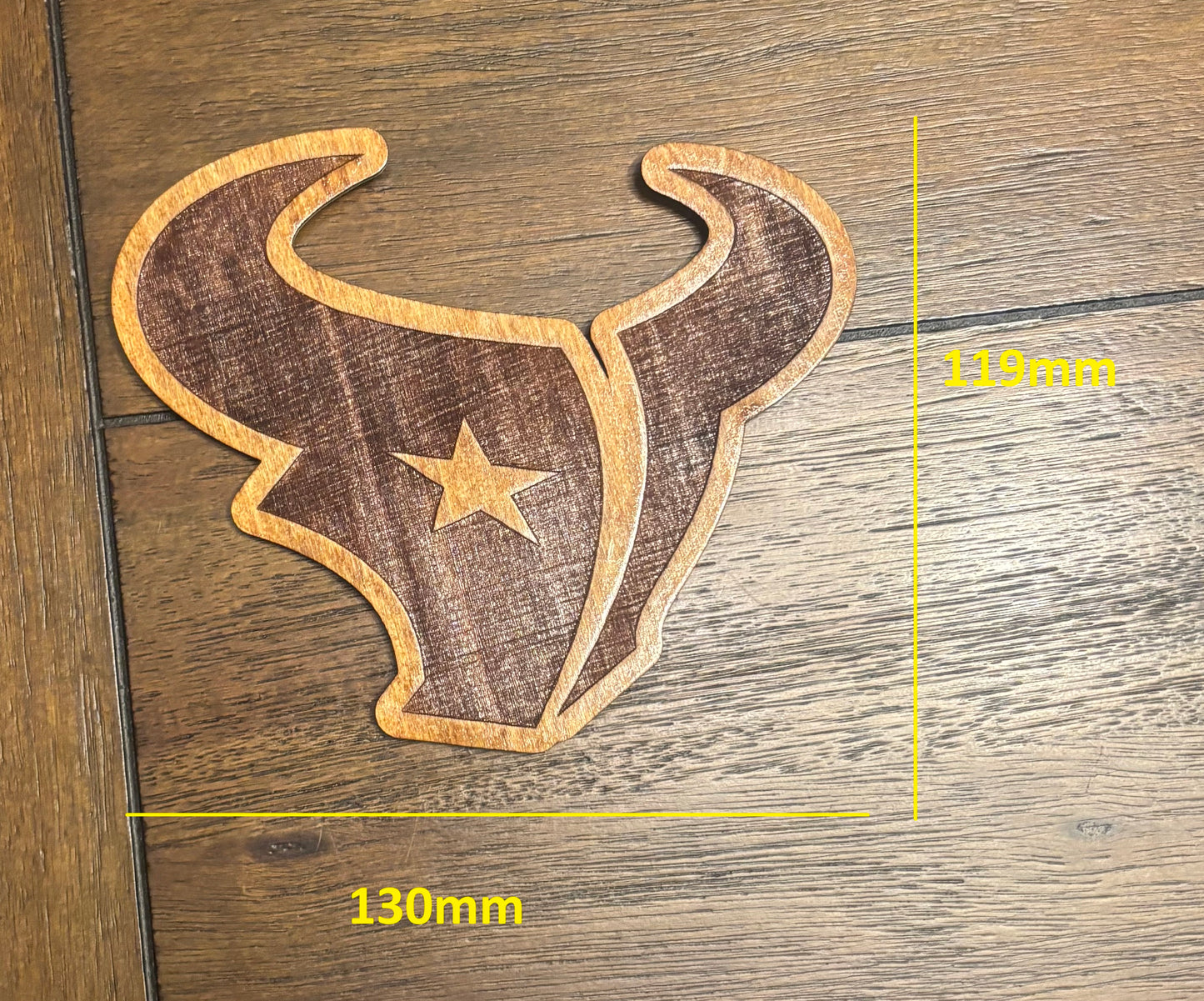 Stained basswood fridge magnet of the Houston Texans football team logo