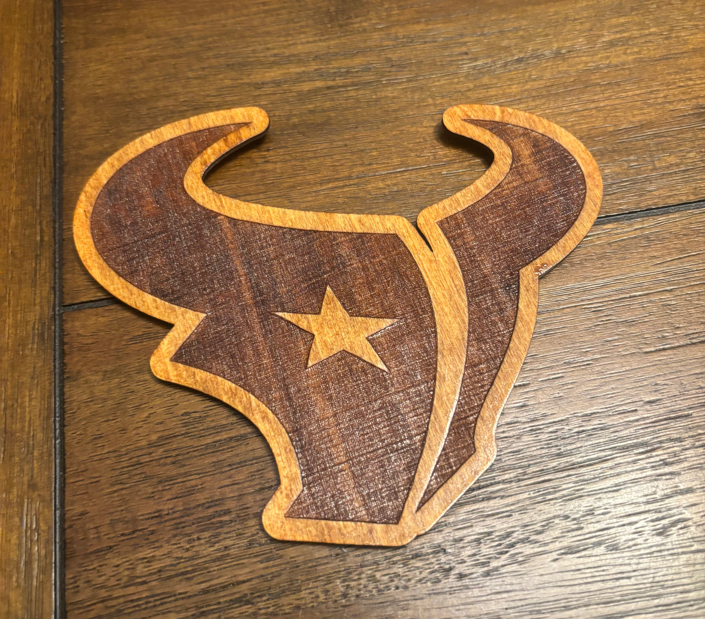 Stained basswood fridge magnet of the Houston Texans football team logo