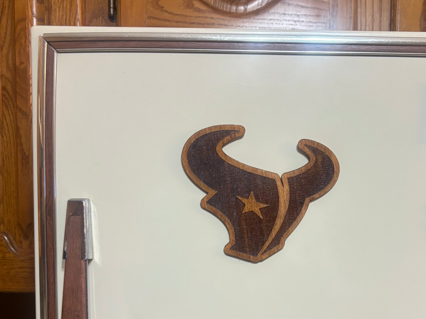 Stained basswood fridge magnet of the Houston Texans football team logo