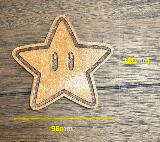 Stained basswood fridge magnet of a Super star from the Mario video games