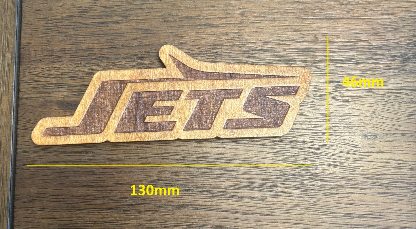 Stained basswood fridge magnet of the New York Jets football team logo