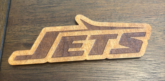 Stained basswood fridge magnet of the New York Jets football team logo
