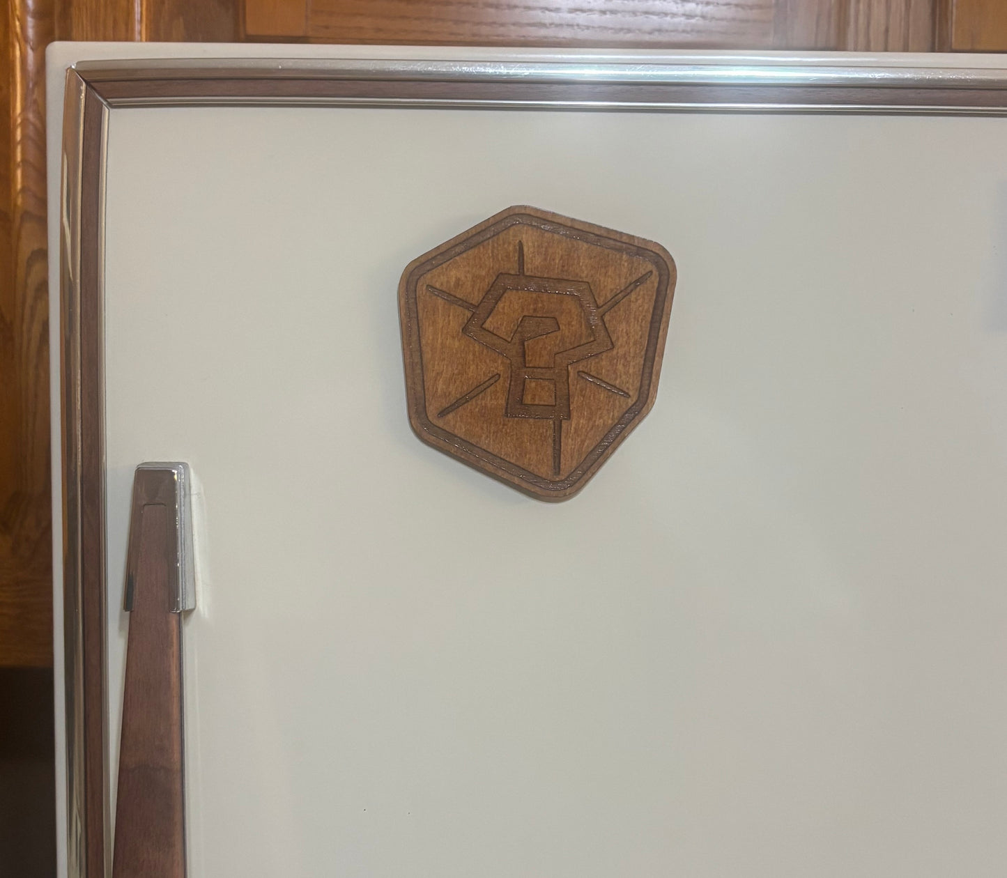 Stained basswood fridge magnet of a Mystery Box from the Mario video games