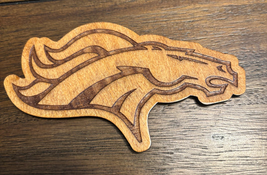 Stained basswood fridge magnet of the Denver Broncos football team logo