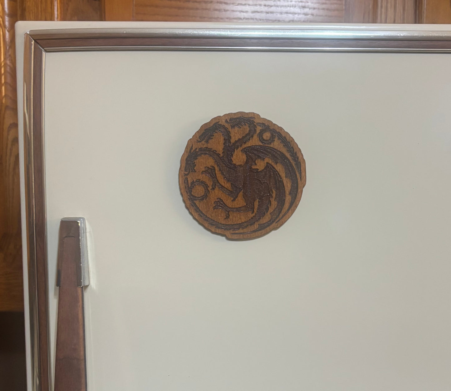Stained basswood fridge magnet of the House Targaryen sigil from Game of Thrones