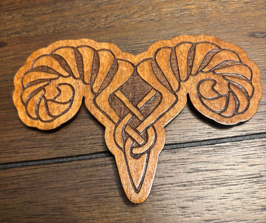 Stained basswood fridge magnet of the Markarth sigil from the Skyrim video game