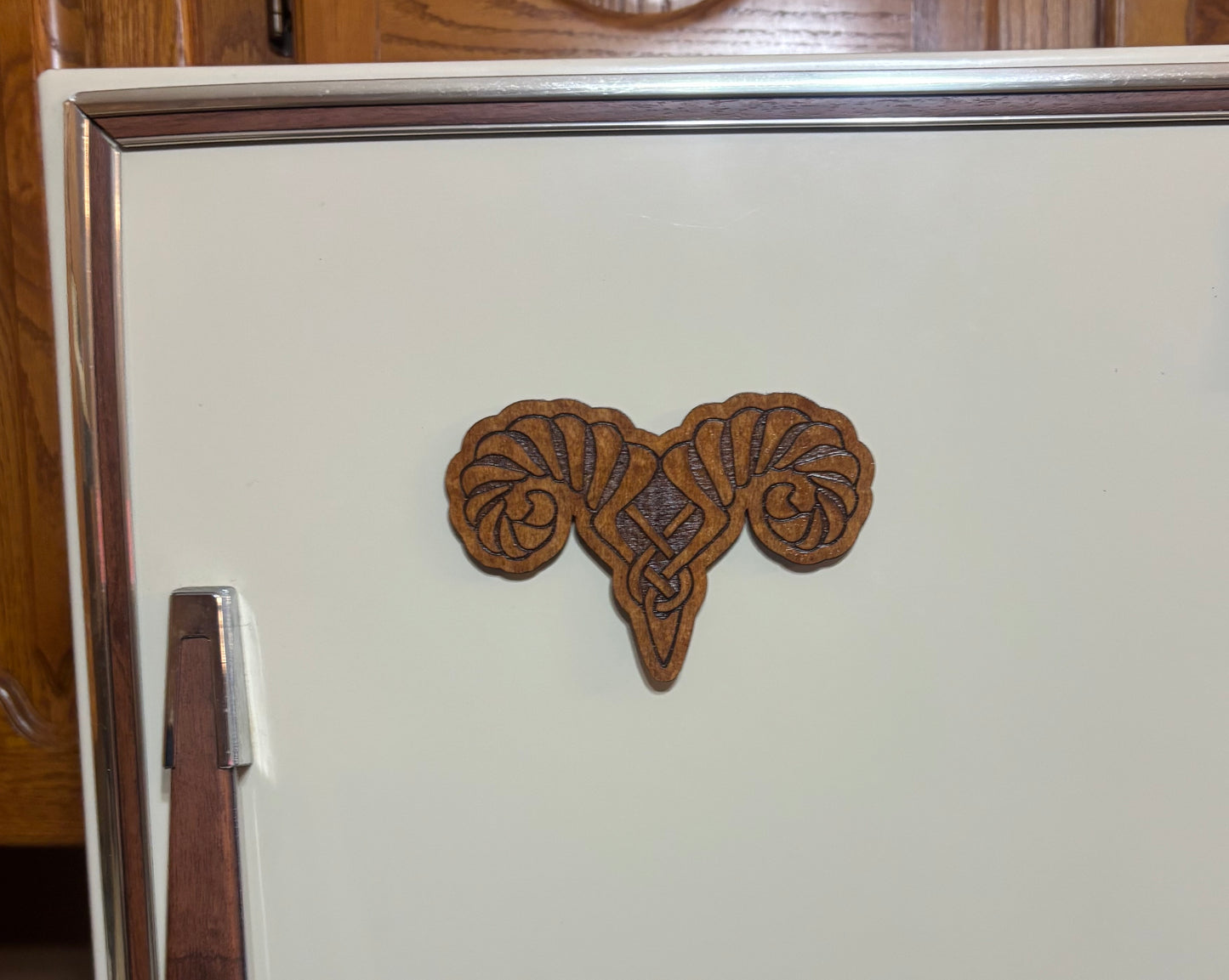 Stained basswood fridge magnet of the Markarth sigil from the Skyrim video game