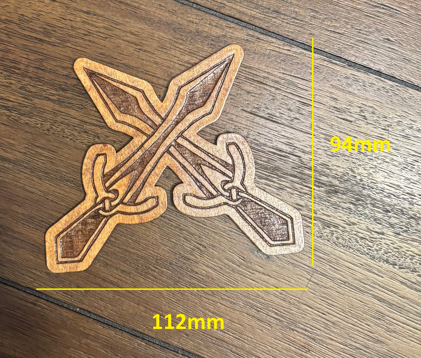 Stained basswood fridge magnet of the Riften sigil from the Skyrim video game