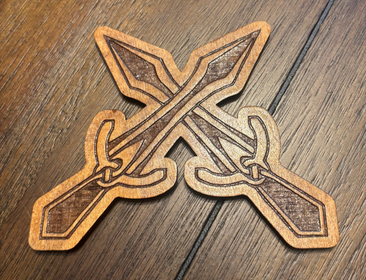 Stained basswood fridge magnet of the Riften sigil from the Skyrim video game