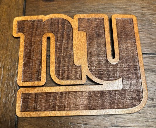 Stained basswood fridge magnet of the New Yorki Giants football team logo