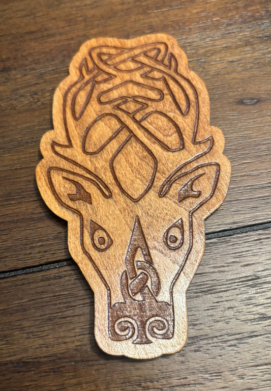Stained basswood fridge magnet of the Falkreath sigil from the Skyrim video game