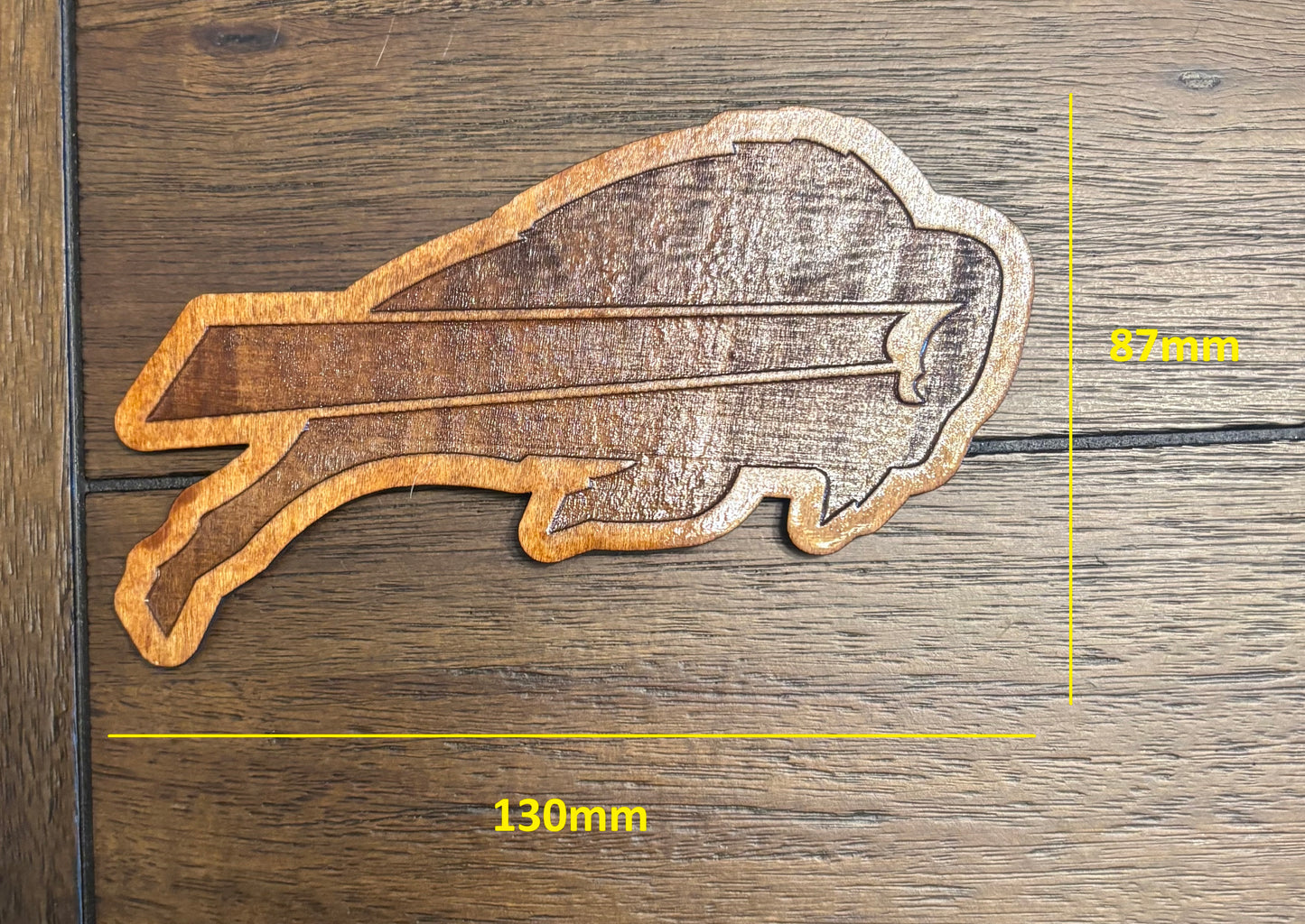 Stained basswood fridge magnet of the Buffalo Bills football team logo