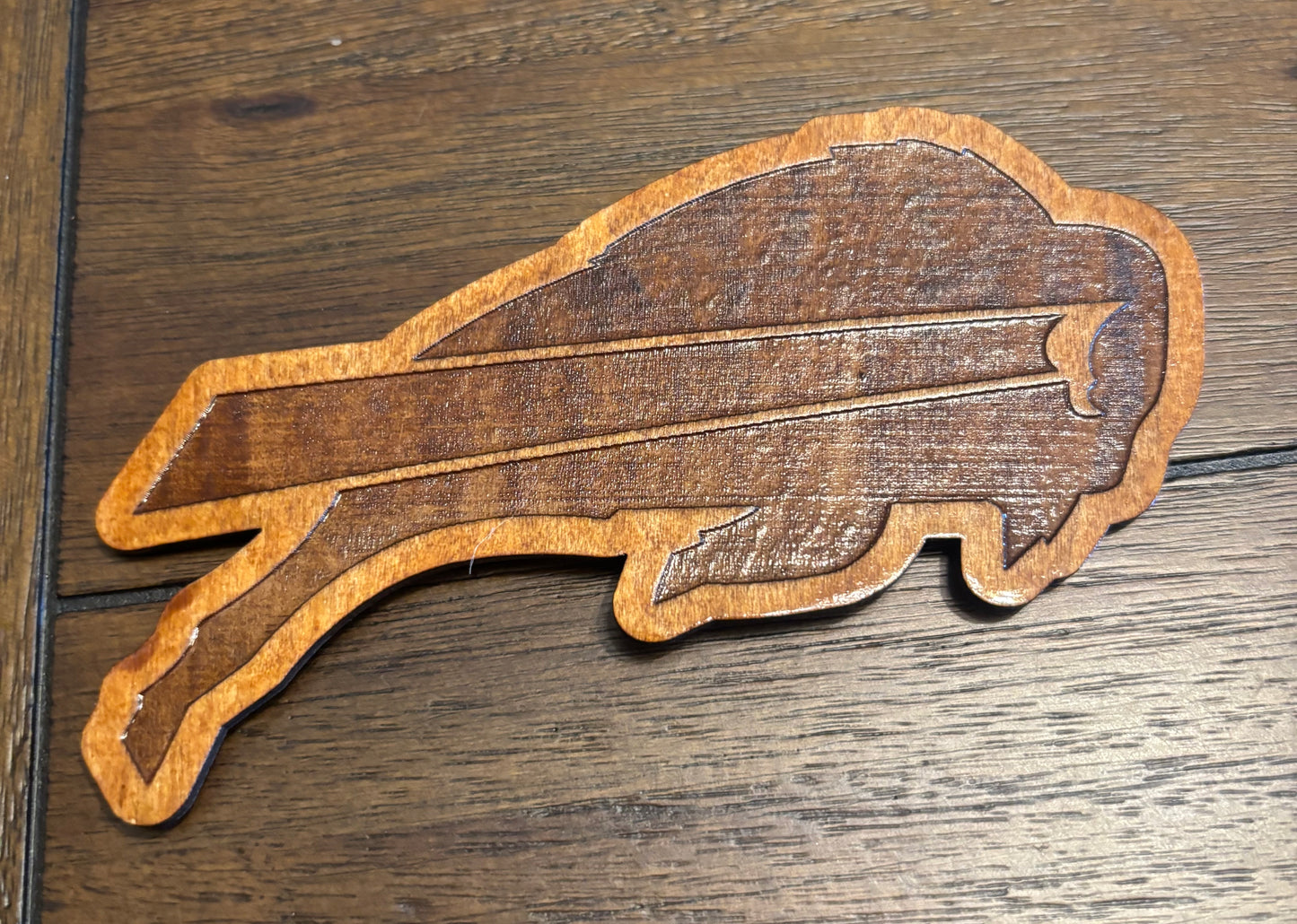 Stained basswood fridge magnet of the Buffalo Bills football team logo