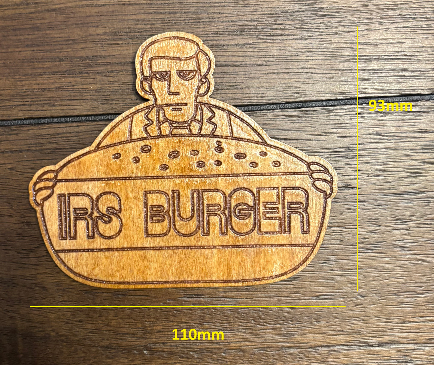 Stained basswood fridge magnet of IRS Burger logo from the Simpsons