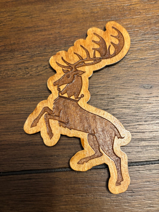 Stained basswood fridge magnet of the House Baratheon sigil from Game of Thrones
