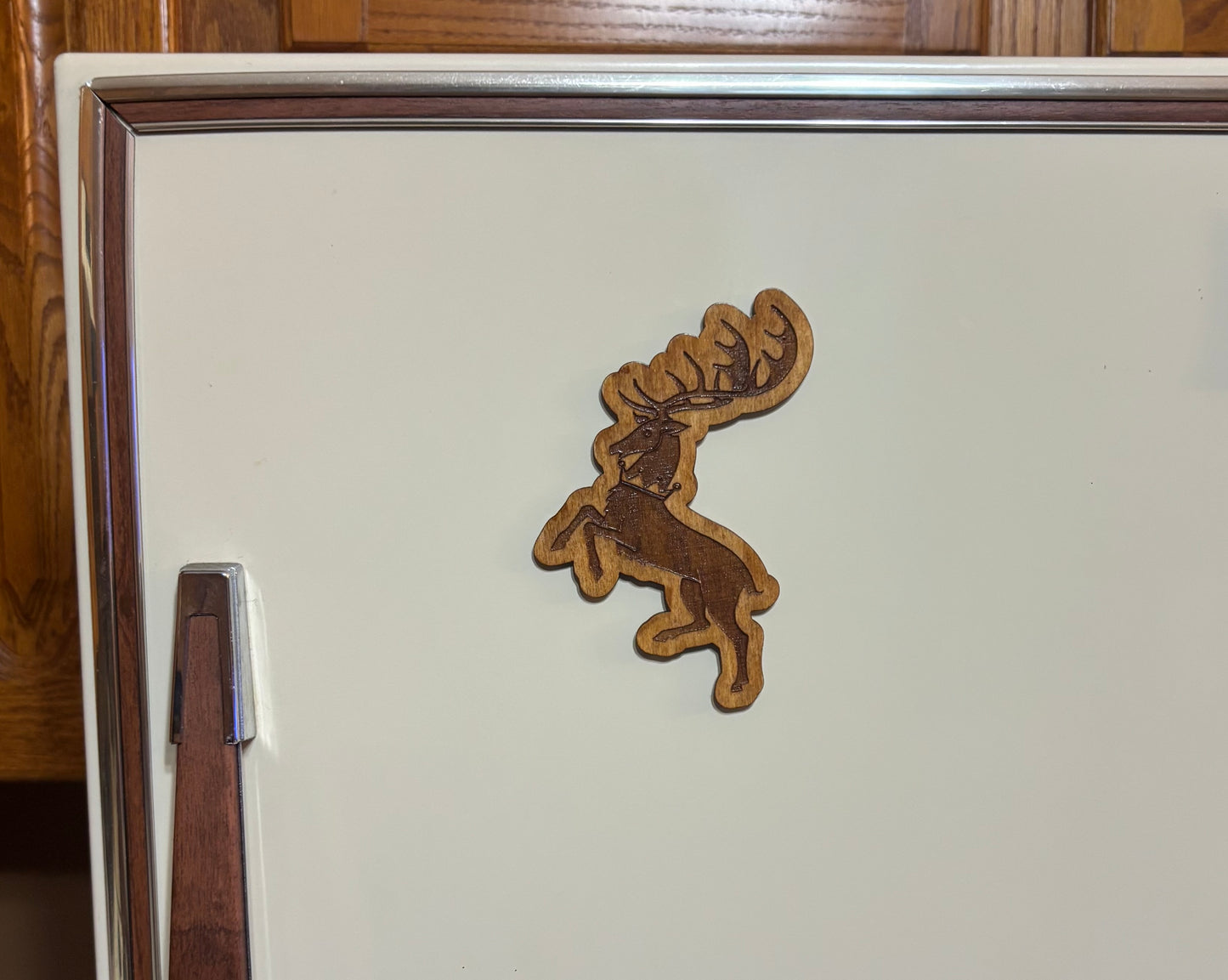 Stained basswood fridge magnet of the House Baratheon sigil from Game of Thrones