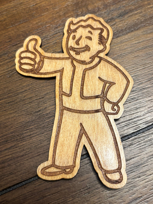 Stained basswood fridge magnet of Vault Boy from the Fallout video games