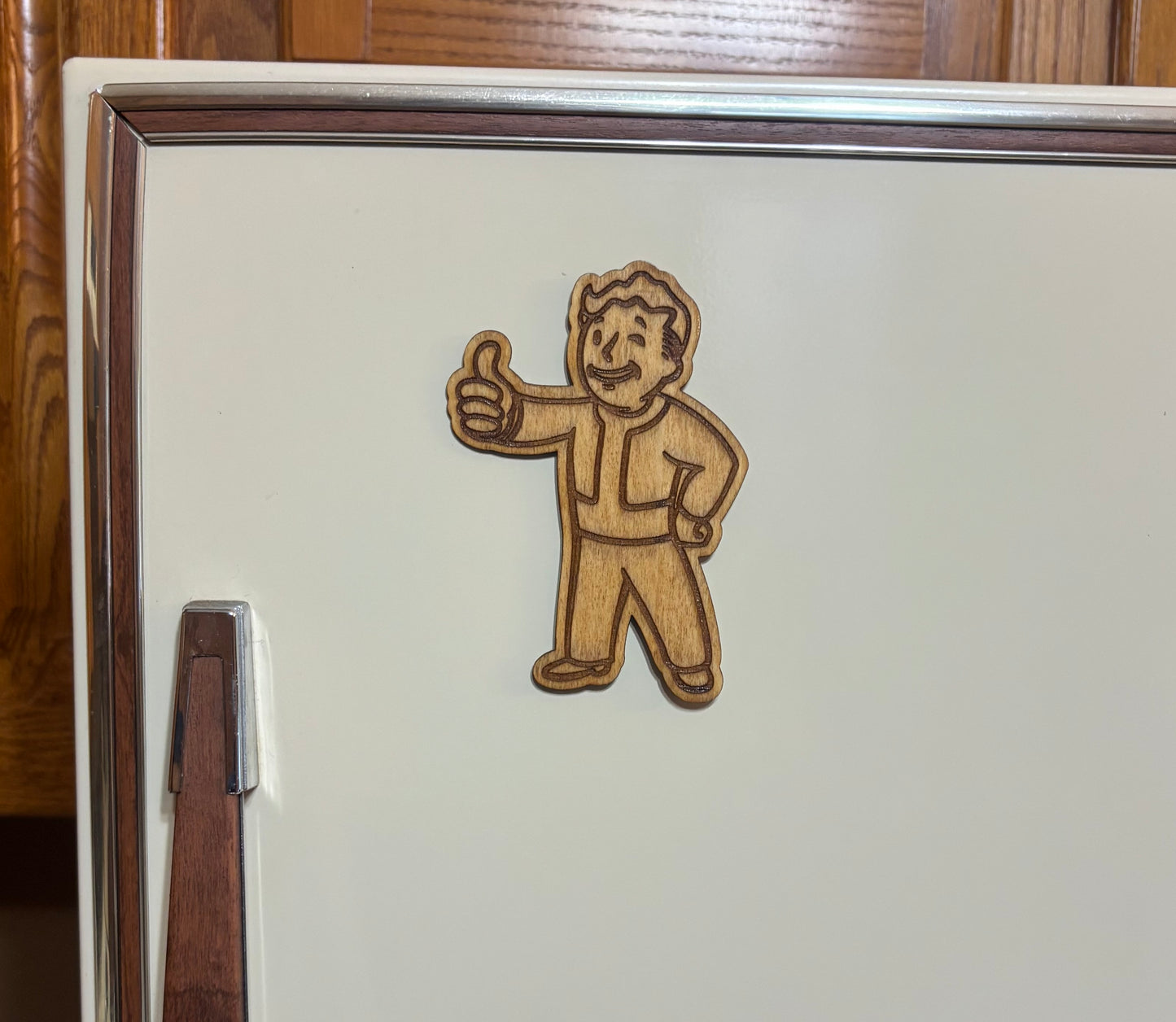 Stained basswood fridge magnet of Vault Boy from the Fallout video games