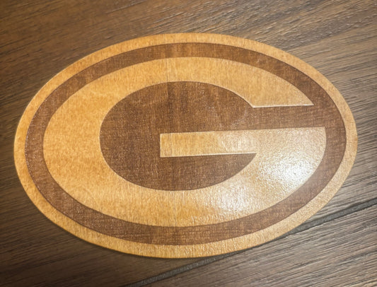 Stained basswood fridge magnet of the Green Bay Packers football team logo