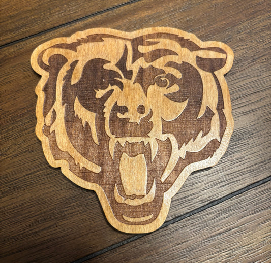 Stained basswood fridge magnet of the Chicago Bears football team logo