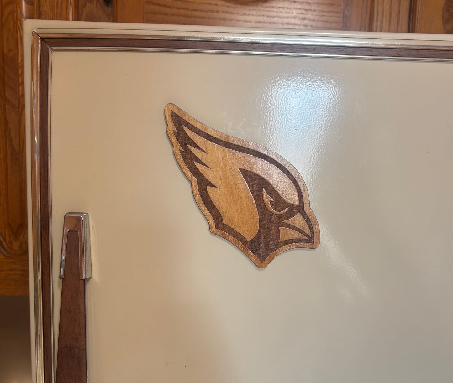 Stained basswood fridge magnet of the Arizona Cardinals football team logo