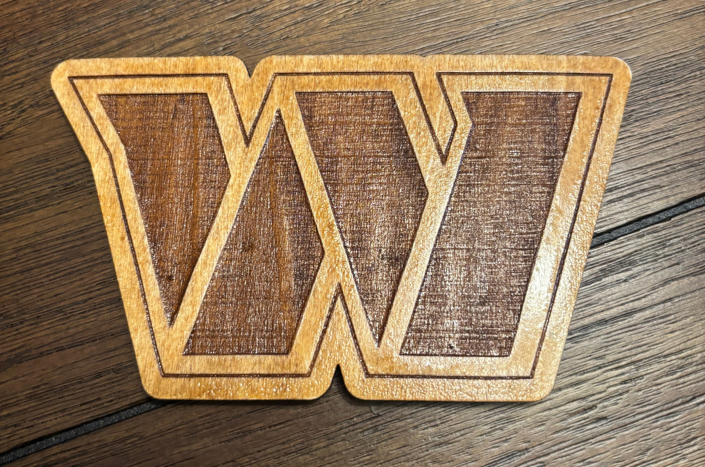 Stained basswood fridge magnet of the Washington Commanders football team logo