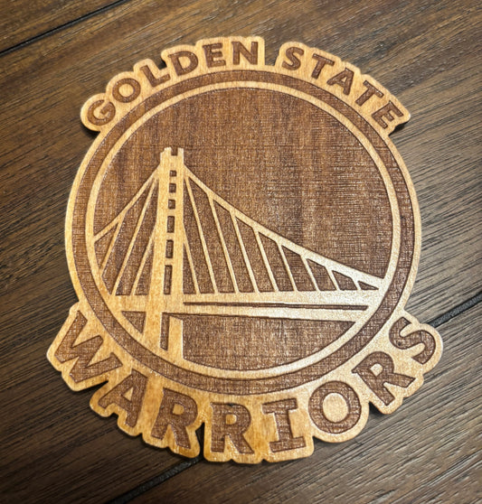 Stained basswood fridge magnet of the Golden State Warriors basketball team logo