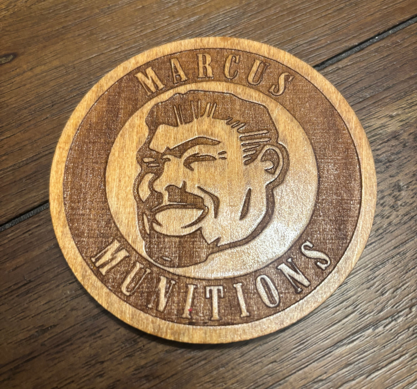 Stained basswood fridge magnet of Marcus Munitions from the Borderlands video games