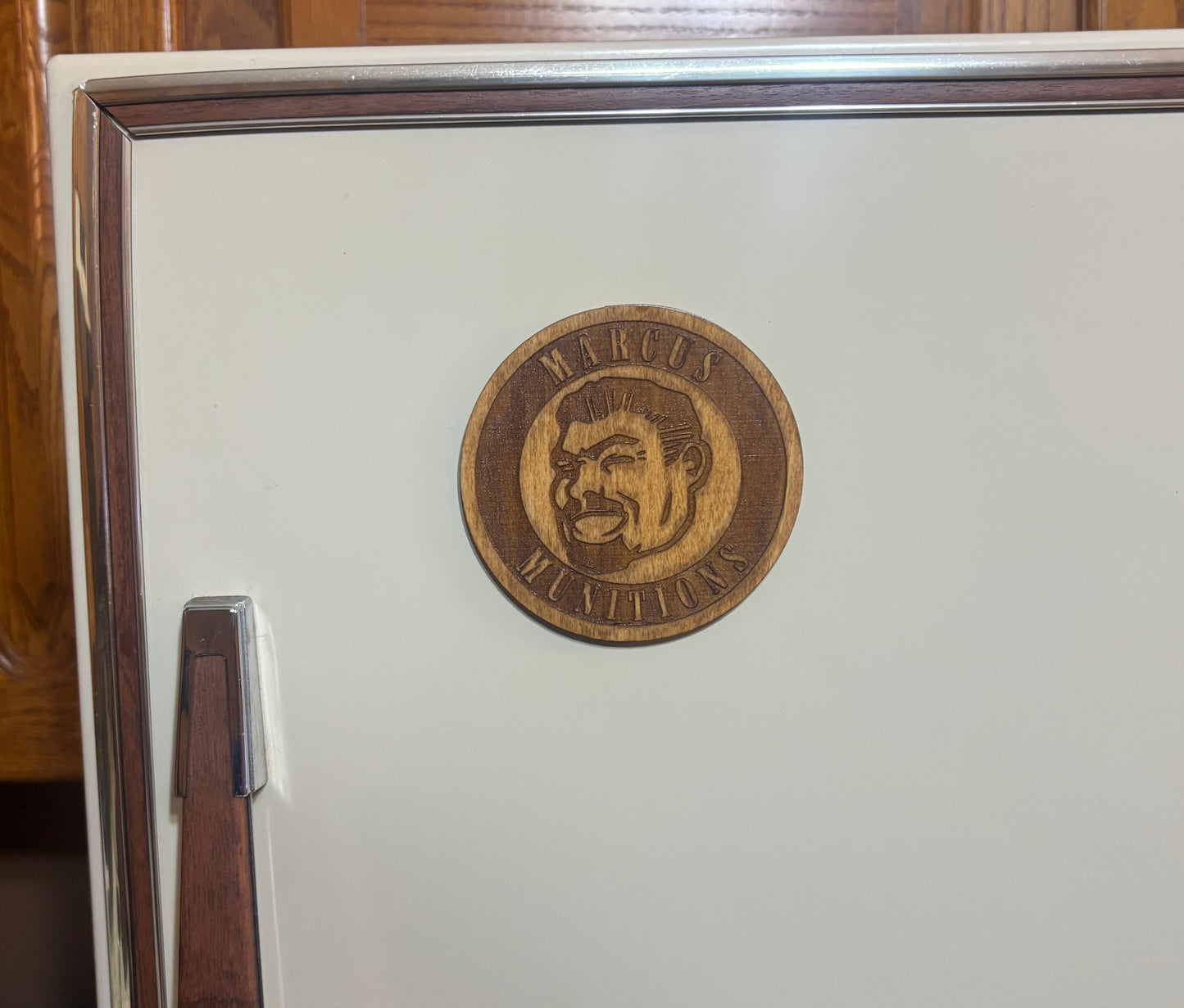 Stained basswood fridge magnet of Marcus Munitions from the Borderlands video games